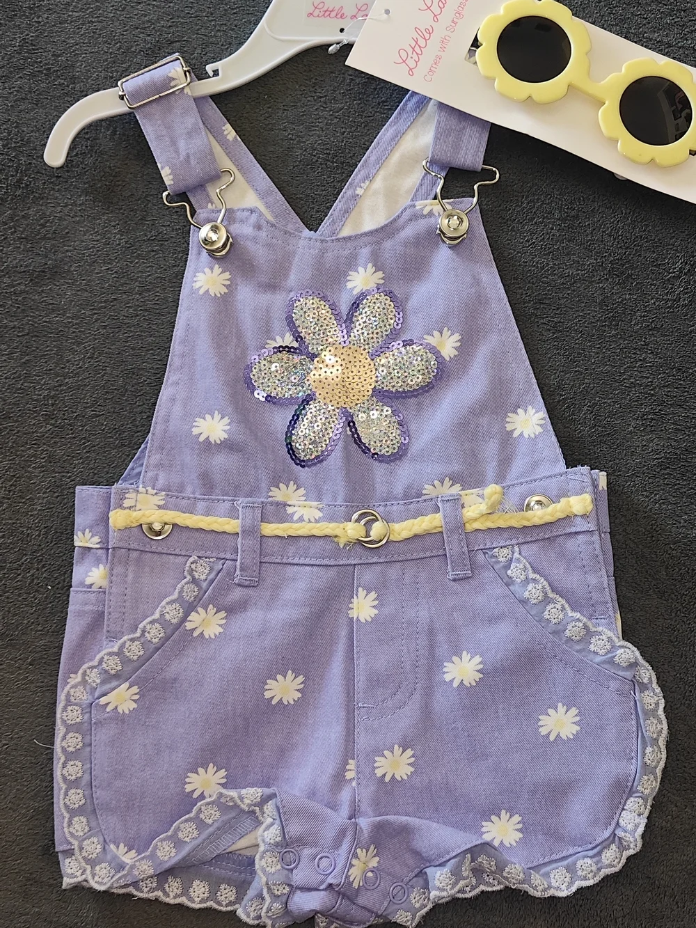 Little Lass Lavender Daisy Shortall Romper with Yellow Belt